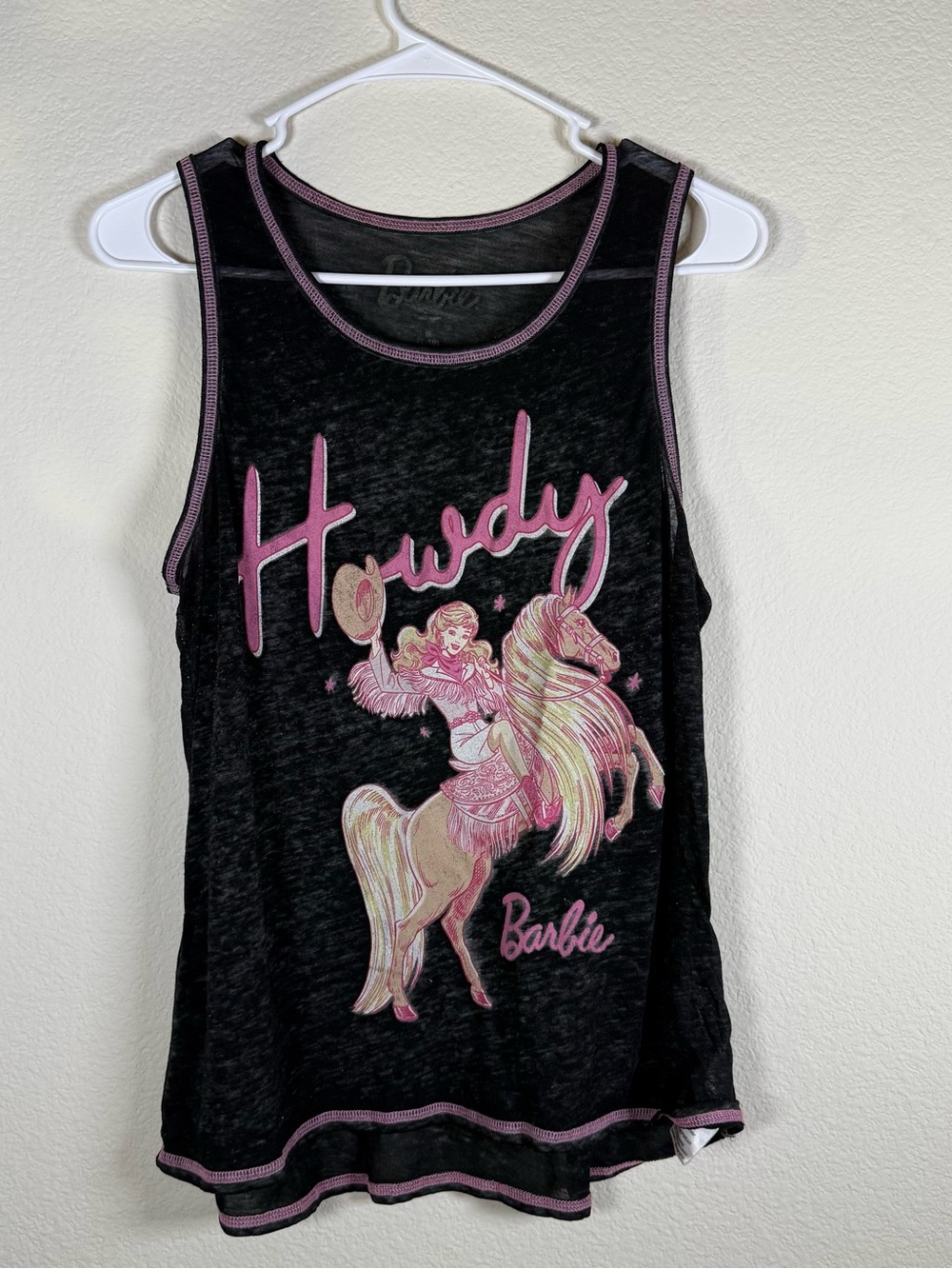 Barbie Black Tank Top with Pink Trim Howdy Cowgirl light Large